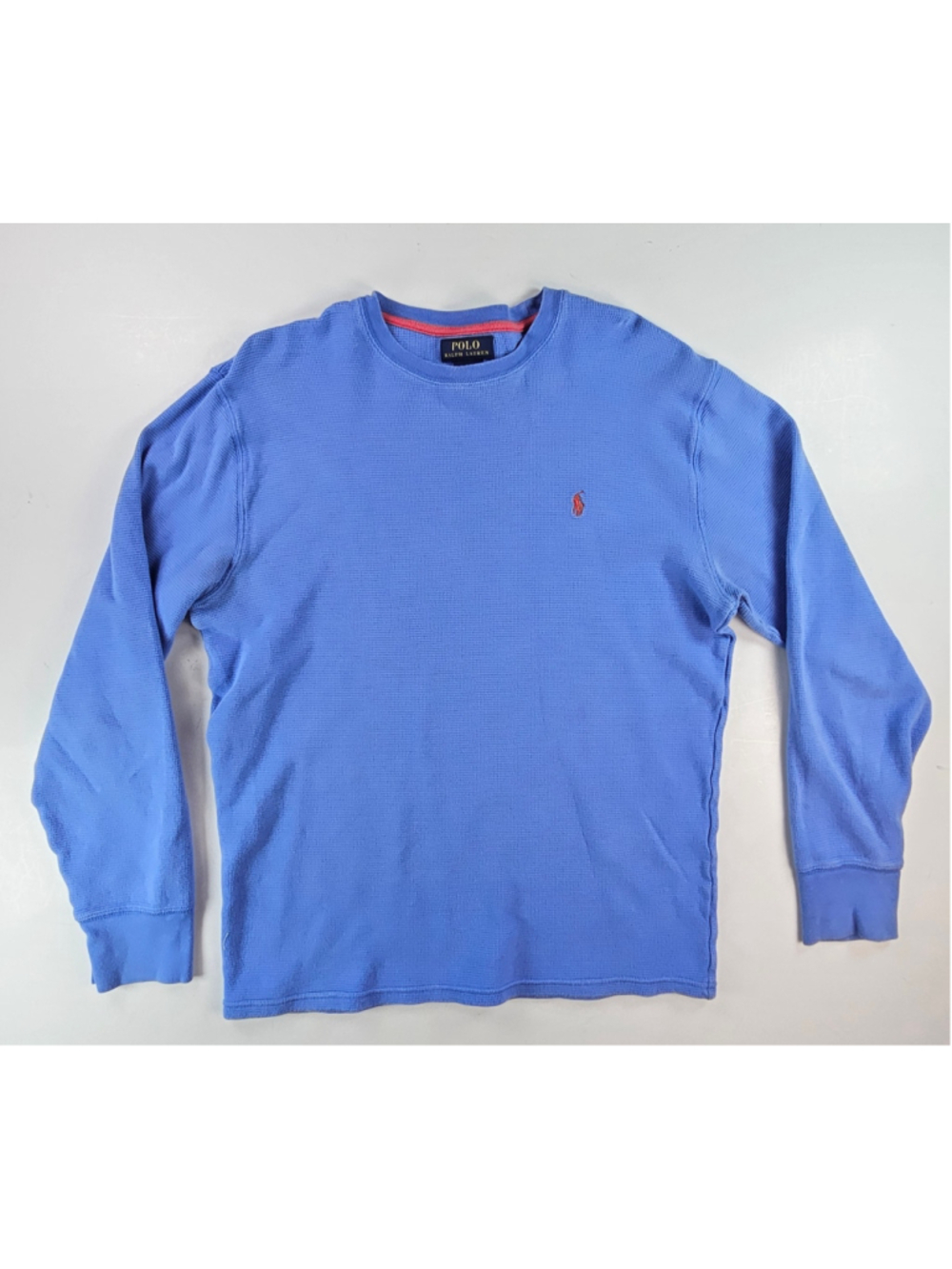 Polo Ralph Lauren Mens Large Blue Waffle Knit Thermal Long Sleeve Shirt Red Pony